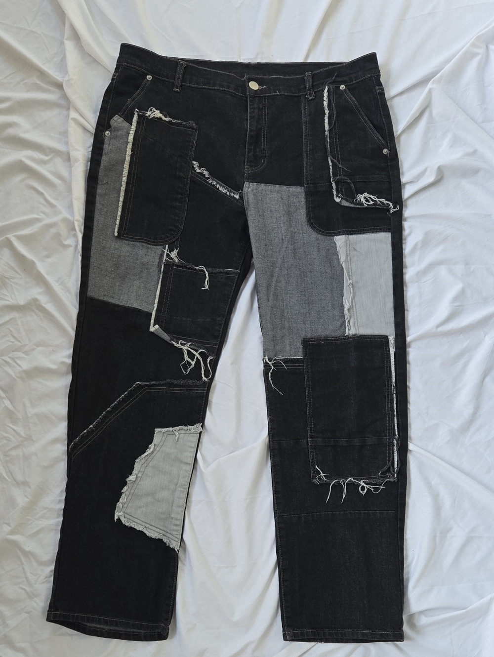 Mens Cool Black Jeans With Multi Patch Work Different Colors & Fringe Front Only